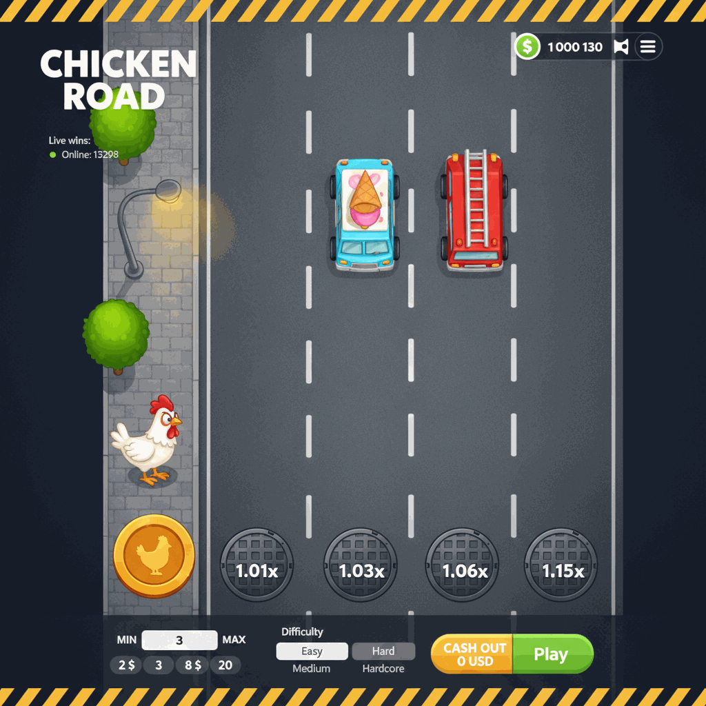 Chicken Road par InOut : vue du jeu de crash montrant une poule blanche sur un trottoir urbain avec réverbère et arbres verts, prête à traverser une route à plusieurs voies avec marquages de multiplicateurs sur les plaques d'égout, interface graphique en vue de dessus avec fond gris asphalte et lignes blanches pointillées séparant les voies